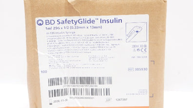BD 305930 SafetyGlide U-100 Insulin Syringe 1ml 29G x 1/2inch - Case of 100